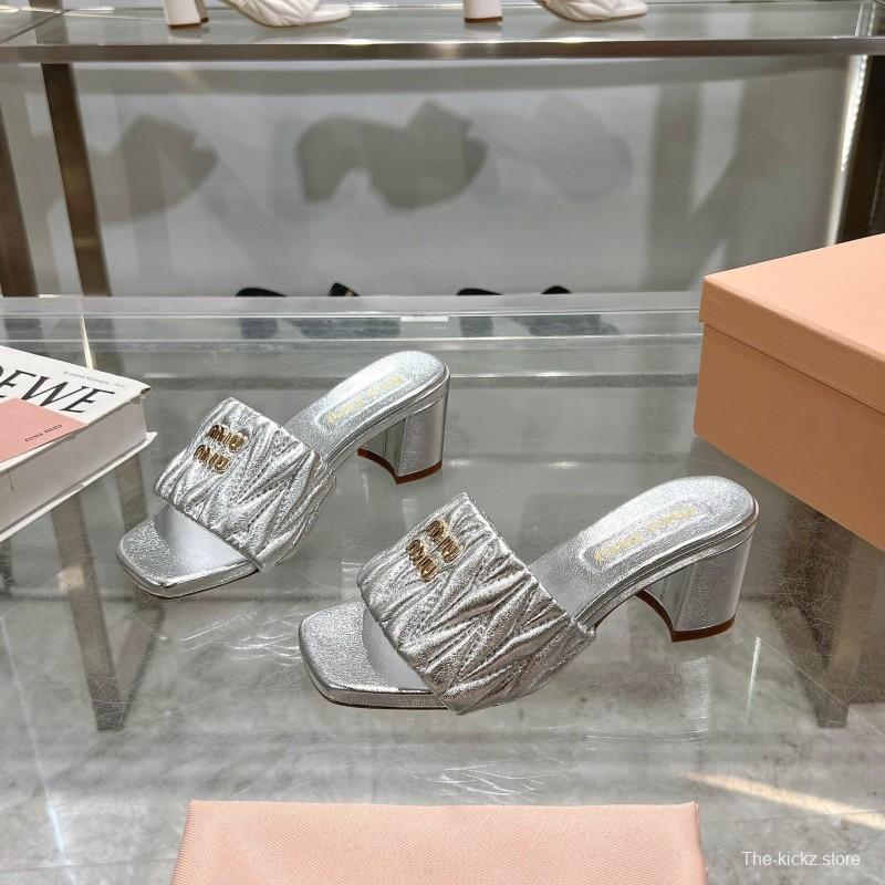 2025 Women Miu Miu Silver Leather High Heel Sandals