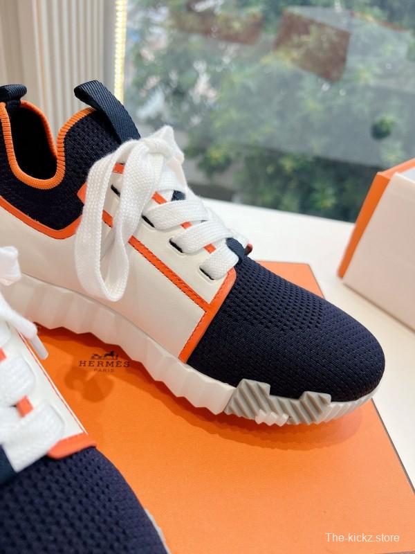2024 Unisex Hermès 爱H Navy Orange Knit Leather Sneakers 