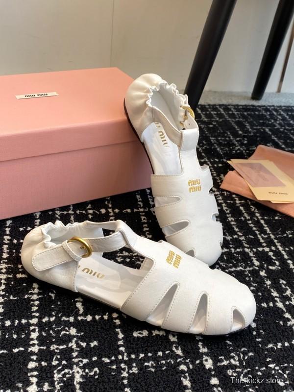 2025 Women Miu Miu White Calf Leather Flat Sandals