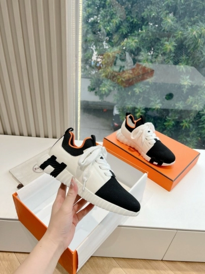 2024 Unisex Hermès Black White Orange Calf Leather Suede Knit Sneakers MJ00290