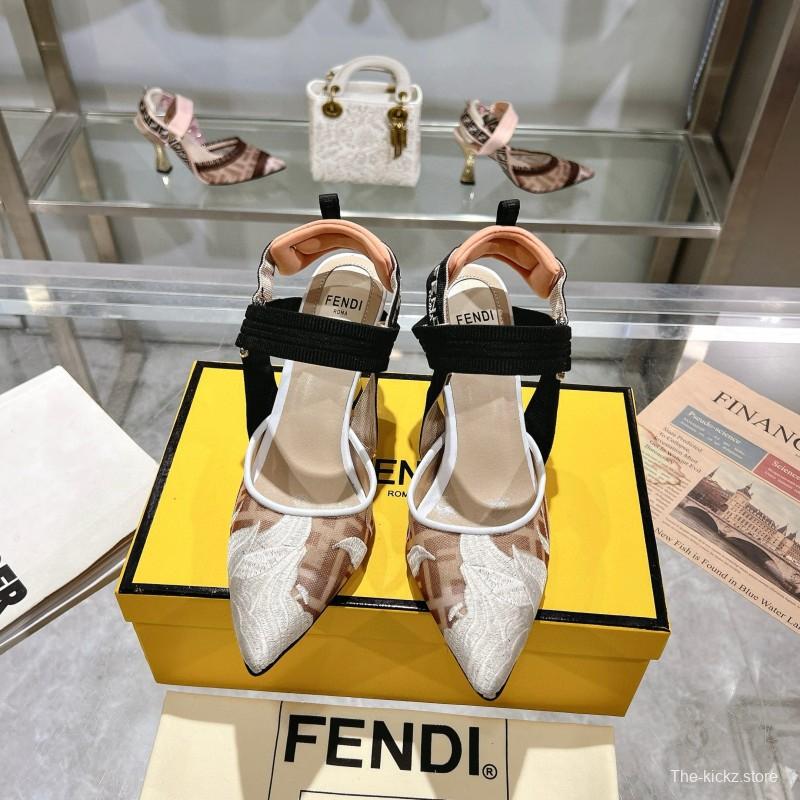 2025 Women Fendi Beige Black Mesh Leather Heels MJ00280