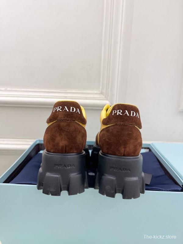 2025 Unisex Prada Yellow Brown Suede Silk Sneakers KFY00310(F)/KFY00330(M)