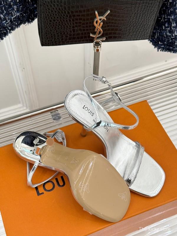 2025 Women Louis Vuitton Silver Calfskin Leather Strappy High Heel Sandals KFY00280
