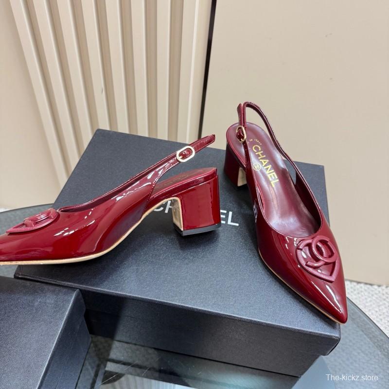 2025 Women Chanel Burgundy Patent Leather Slingback Pumps