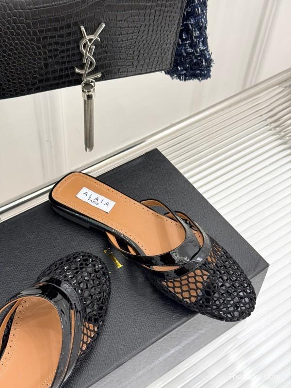 2025 Women AlAIA Black Leather Mesh Flat Mule KFY00260