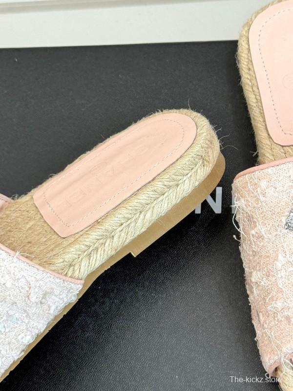 2025 Women Chanel Pink Tweed Espadrille Slide Sandals Handmade Craft KFY00240 (F)