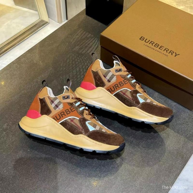 2025 Unisex Burberry Brown Beige Suede Leather Mesh Sneakers Checked Pattern MX00380