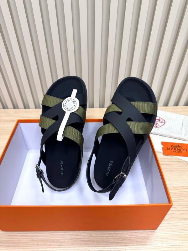 2025 Women Hermès Black Green Leather Nylon Sandals LY00270