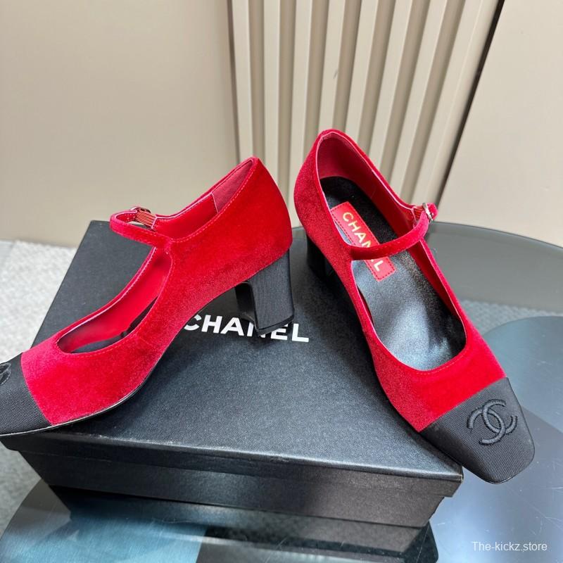 2025 Women Chanel Red Black Suede Leather Mary Jane Logo KFY00290