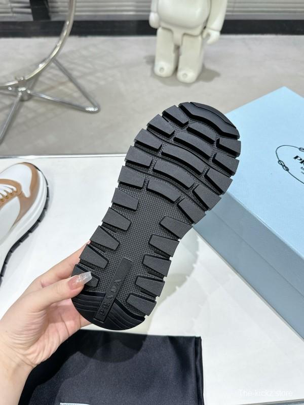 2025 Women Prada White Brown Leather Sneakers