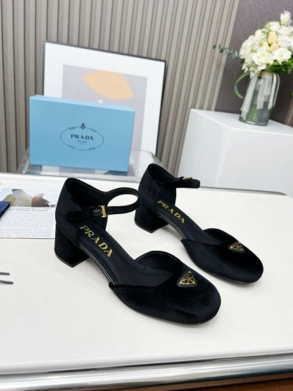 2025 Women Prada Black Velvet Mary Jane Block Heel KFY00270