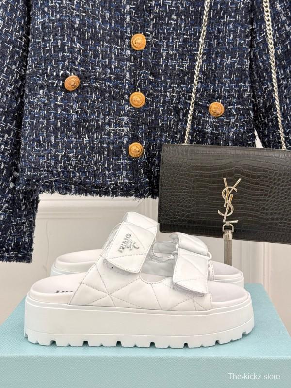 2025 Slippers Prada White Leather Quilted Velcro Strap KFY00250