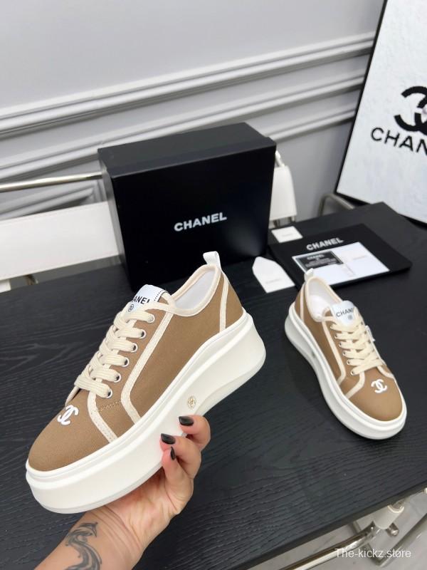 2025 Women Chanel Beige Canvas Leather Sneakers Collaboration LY00250