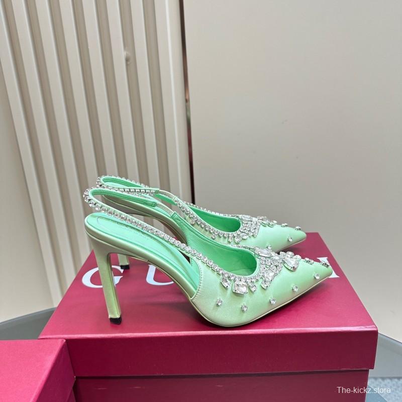 2025 Women Gucci Green Satin Slingback High Heel Crystal Embellished KFY00340