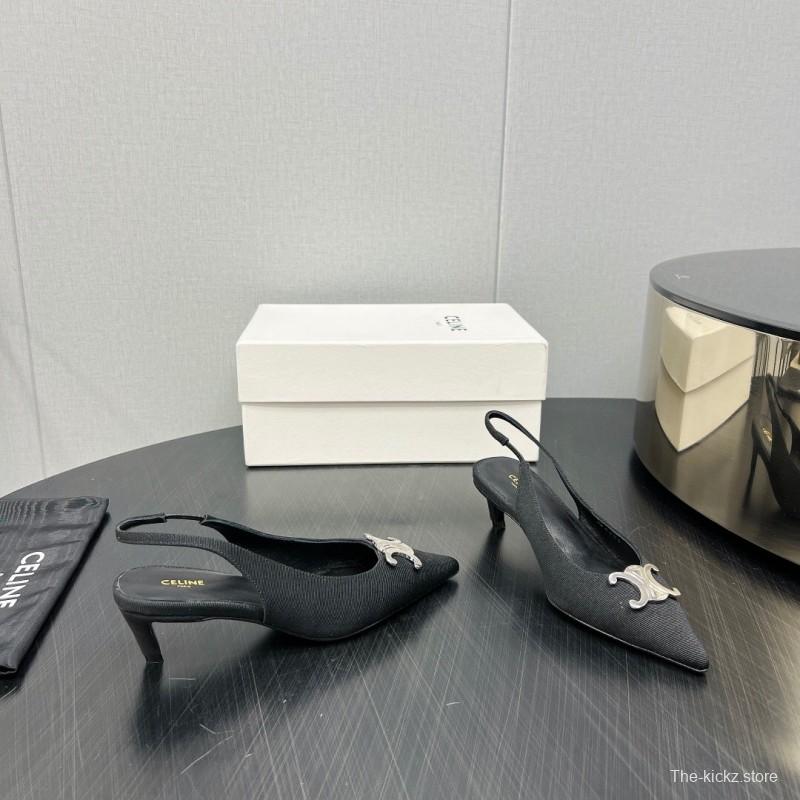 2025 Women Celine Black Fabric Leather Slingback Kitten Heels KFY00290