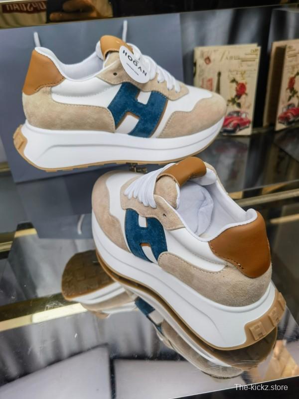 2025 Unisex HOGAN White Beige Blue Leather Suede Platform Sneakers H-STRIPES LY00360(F)/LY00370(M)