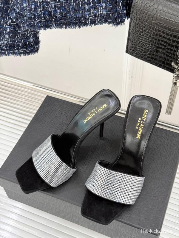 2025 Women Yves Saint Laurent Black Silver Crystal Leather Heeled Slippers LY00300
