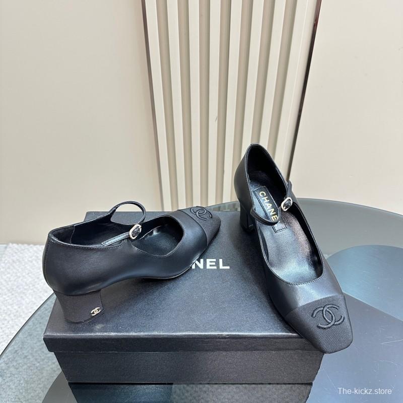 2025 Women Chanel Black Leather Mary Jane Shoes KFY00290