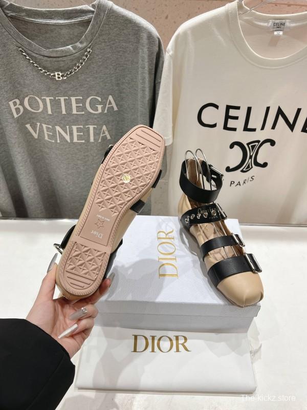 2025 Women Dior Beige Black Leather Mary Jane Buckle Flats
