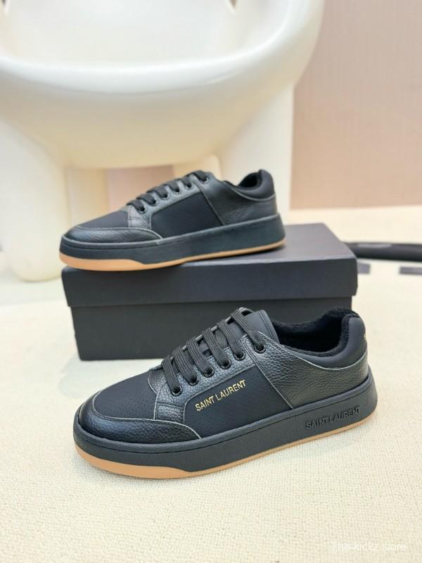 2024 Unisex Yves Saint Laurent Black Silk Leather Casual Shoes Embossed Logo MJ00350