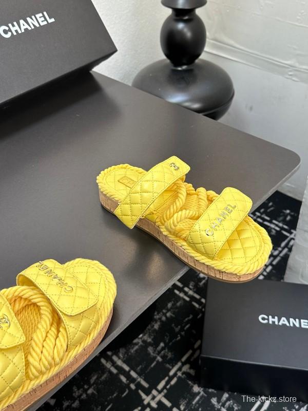 2025 CHANEL Yellow Quilted Fabric Slippers