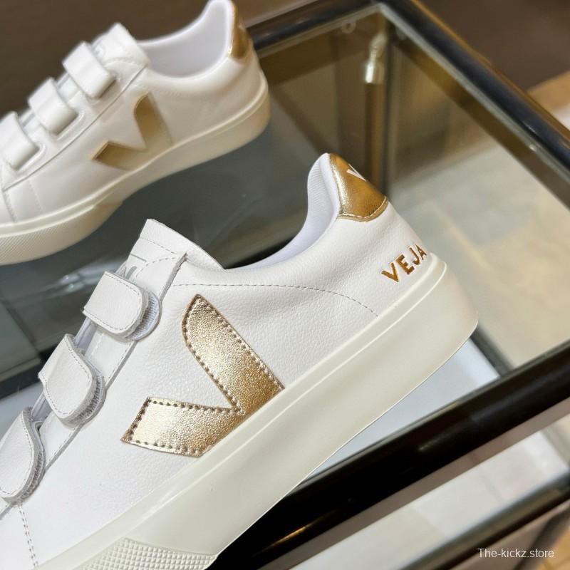 2025 Women VEJA White Gold Leather Strap Sneakers