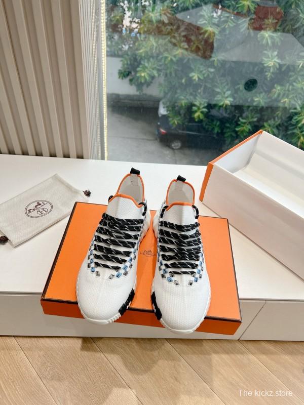 2024 Unisex Hermès White Black Orange Calf Suede Sneakers MJ00290