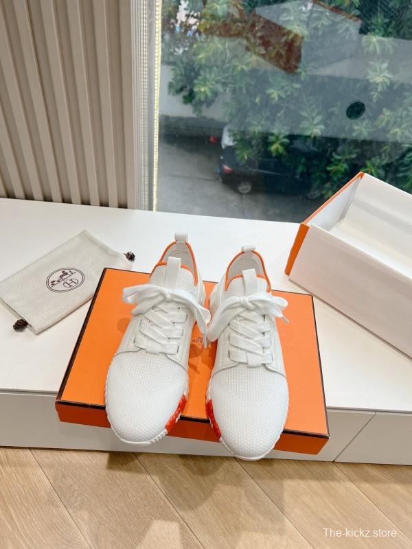 2024 Unisex Hermès white orange knit leather sneakers