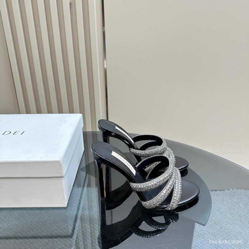 2025 Women Casadei Black Rhinestone Leather High Heels KFY00290