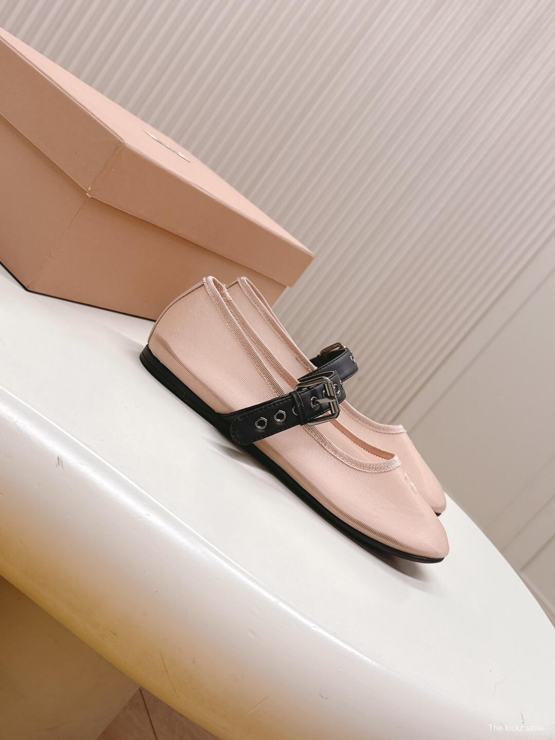 2025 Women Miu Miu Pink Black Fabric Leather Ballet Flats