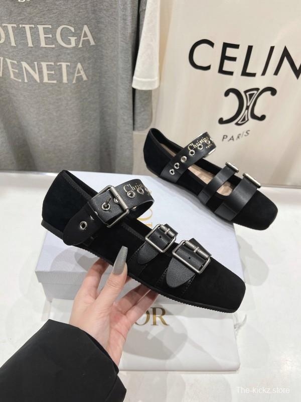 2025 Women Dior Black Leather Suede Mary Jane Buckle KFY00300