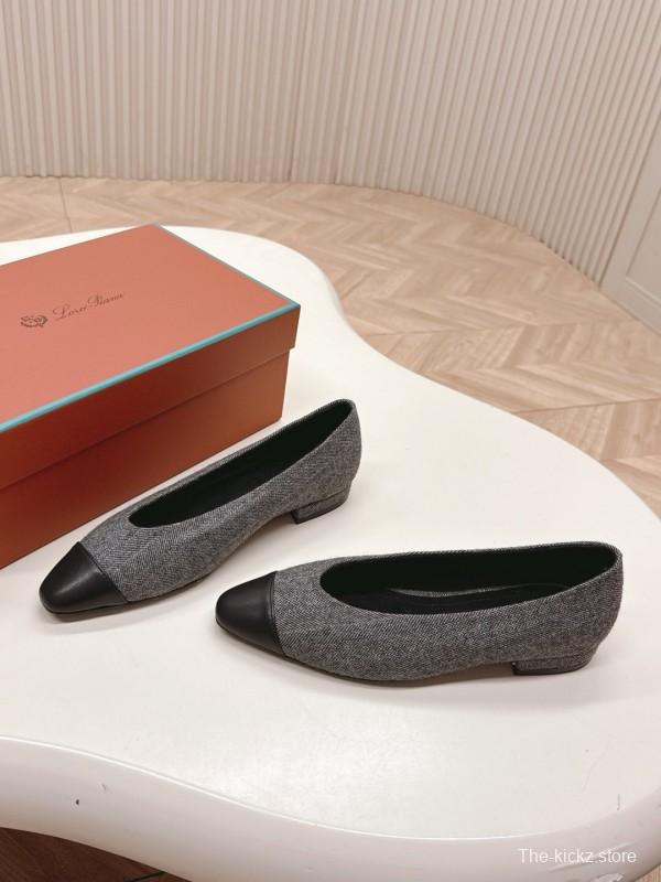 2025 Women LP Grey Black Fabric Leather Pointed Toe Loafers