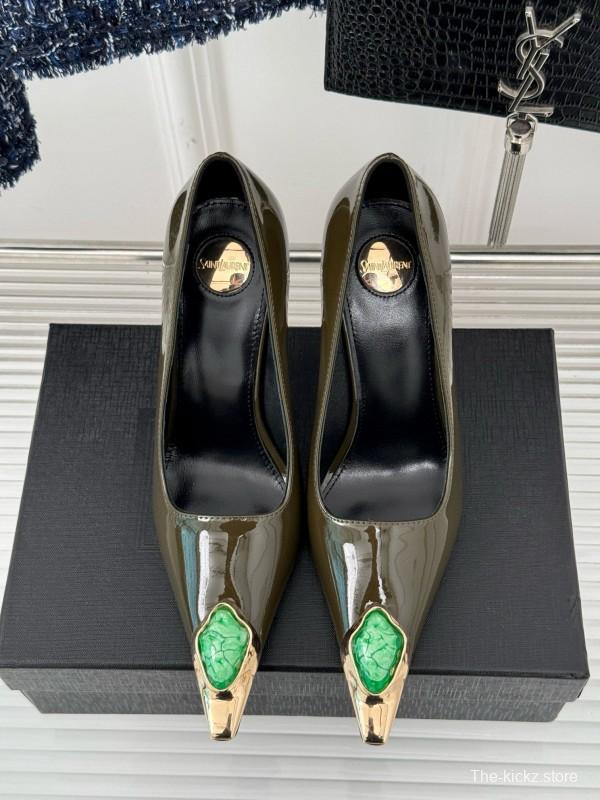 2024 Women Yves Saint Laurent Olive Green Patent Leather High Heel Gemstone MJ00330