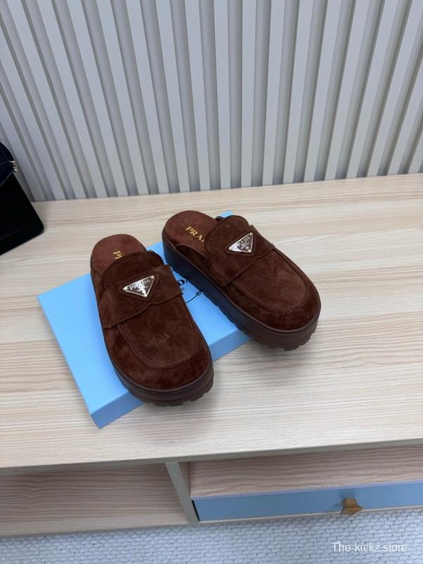 2025 Women Prada Brown Suede Platform Loafers