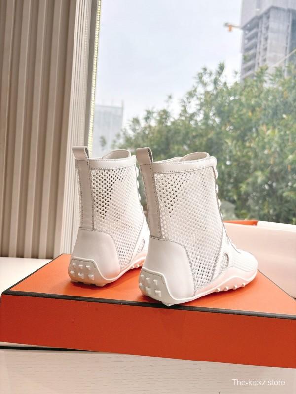 2025 Women Hermès White Leather Mesh Ankle Boots