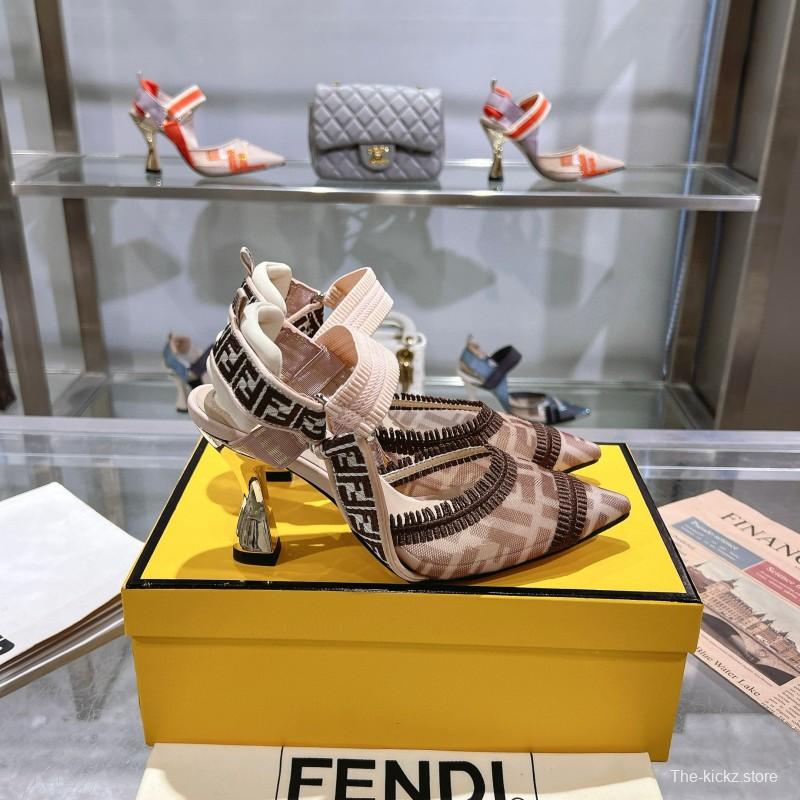 2025 Women Fendi Beige Brown Fabric Leather High Heels MJ00280