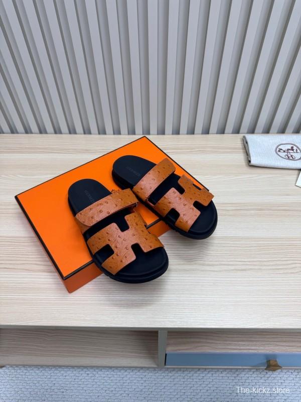 2025 Women Hermès Brown Black Leather Slippers
