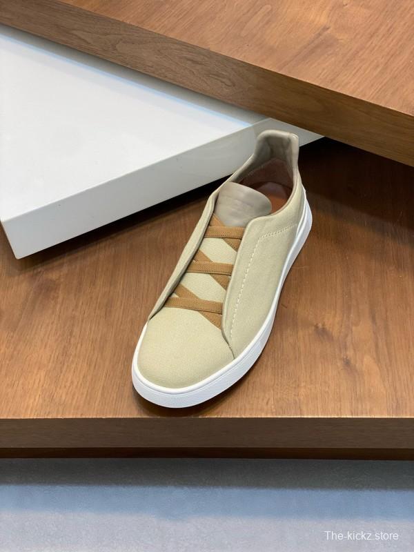 2024 Men Ermenegildo Zegna Beige PELLETESSUTA Calfskin Sneakers Elastic Detail MJ00280