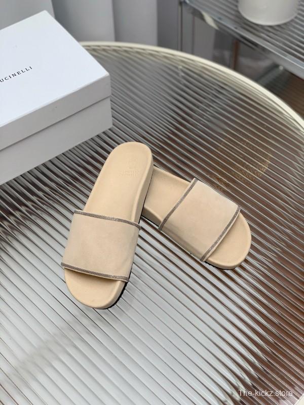 2025 Women Brunello Cucinelli Beige Suede Flat Slide Sandals Handmade Detailing KFY00240 (F)