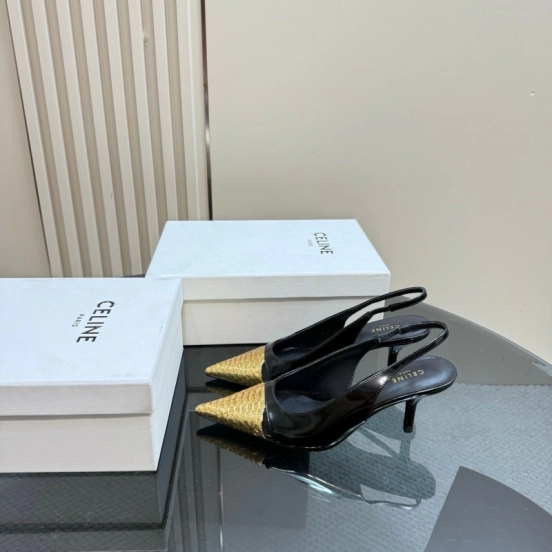 2025 Women CELINE Black Gold Leather Slingback Heels