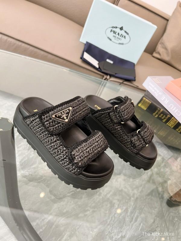 2025 Prada Black Woven Leather Slippers LY00290