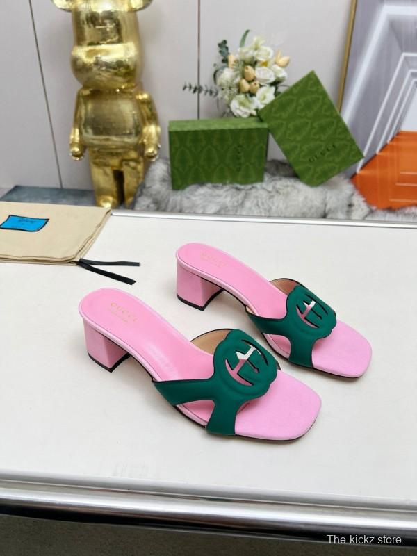 2025 Women Gucci Pink Green Leather Slippers
