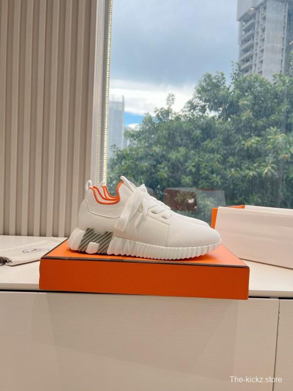 2024 Unisex Hermès white orange knit leather sneakers