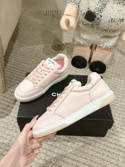 2025 Women Chanel Pink Leather Sneakers