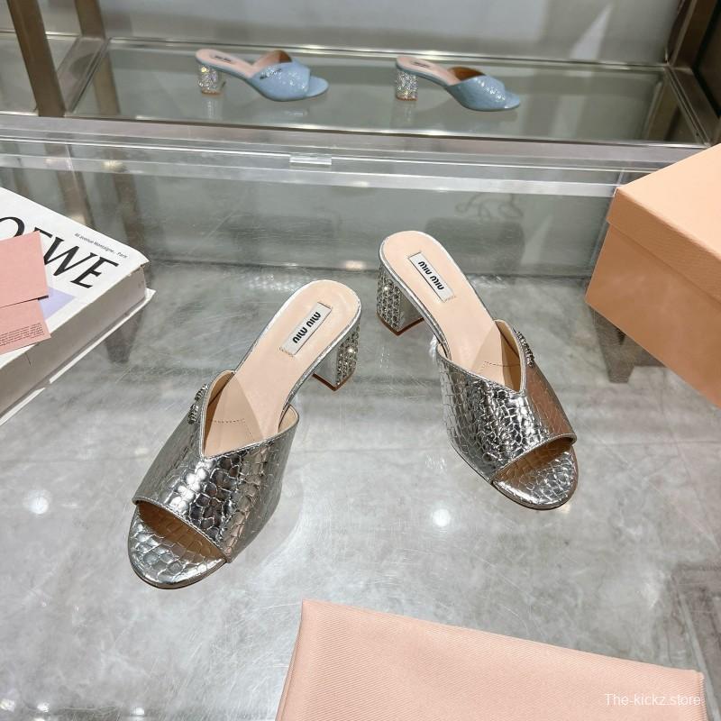 2025 Women Miu Miu Silver Leather Mules