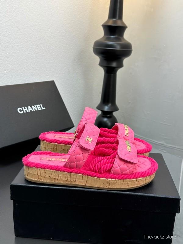 2025 Slippers Chanel Pink Quilted Fabric Espadrille LY00250