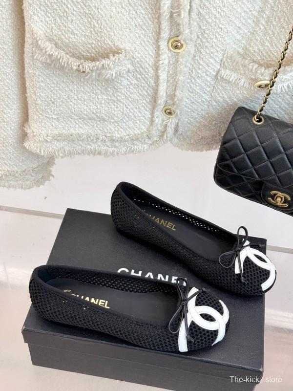2025 Women Chanel Black White Mesh Leather Ballet Flats KFY00260