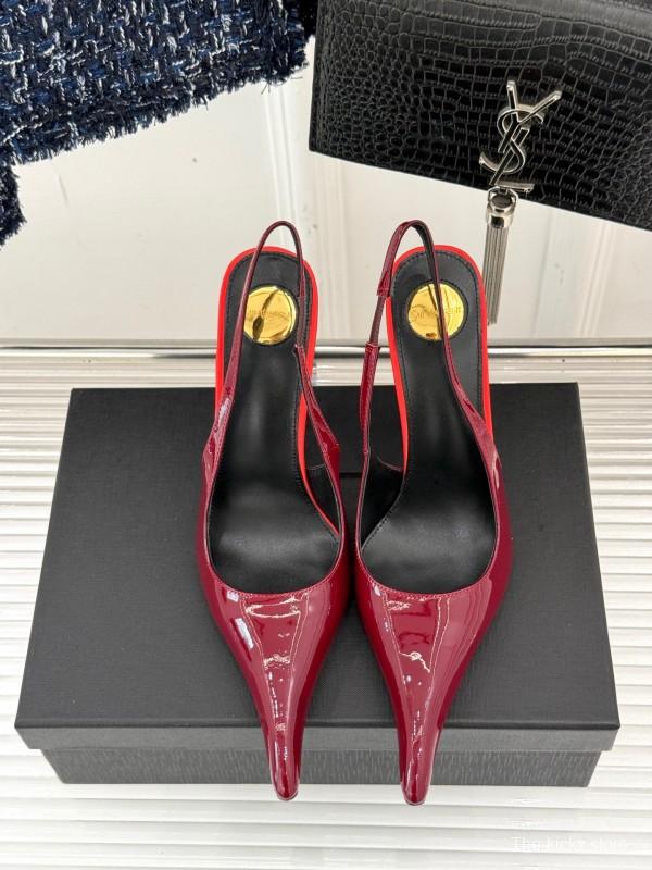 2025 Women Yves Saint Laurent Burgundy Patent Leather Slingback Heels