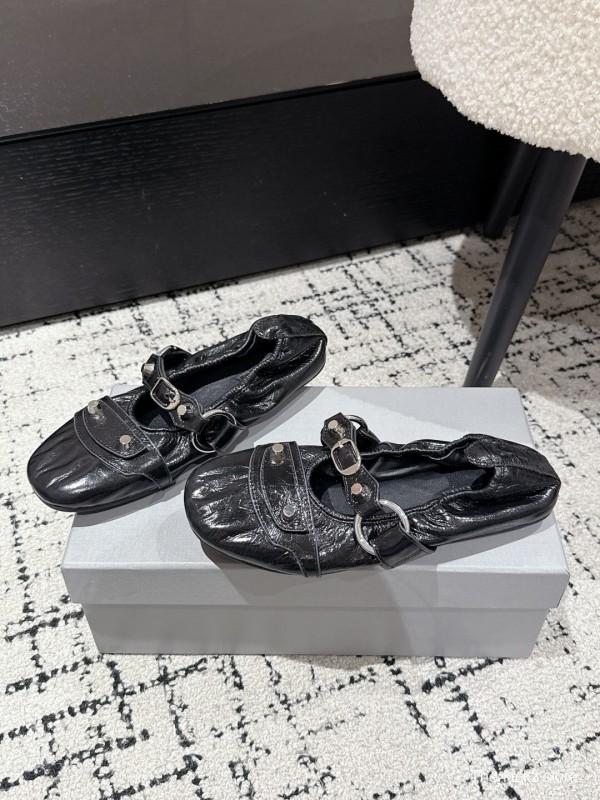 2025 Women Balenciaga Black Leather Ballet Shoes