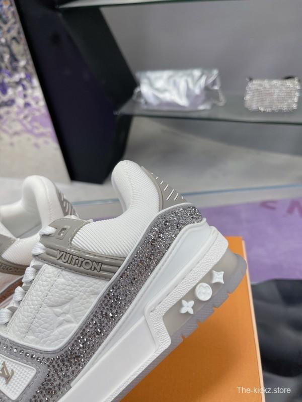 2025 Unisex Louis Vuitton White Silver Leather Fabric Plimsolls Handcrafted Crystals AS00400